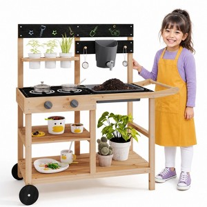 Natural Outdoor Fir Wood Mud Kitchen with Wheels Faucet and