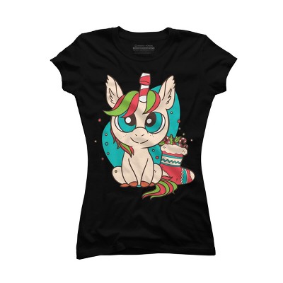 Junior's Design By Humans Christmas Candy Cane Unicorn With Stocking By rasok T-Shirt