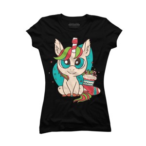 Junior's Design By Humans Christmas Candy Cane Unicorn With Stocking By rasok T-Shirt - 1 of 3