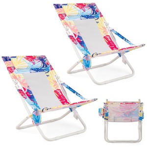 Costway Folding Low Beach Chair, Set of 2 with Padded Head Pillow, Mesh Back, Cup Holder Blue/Pink - 1 of 4