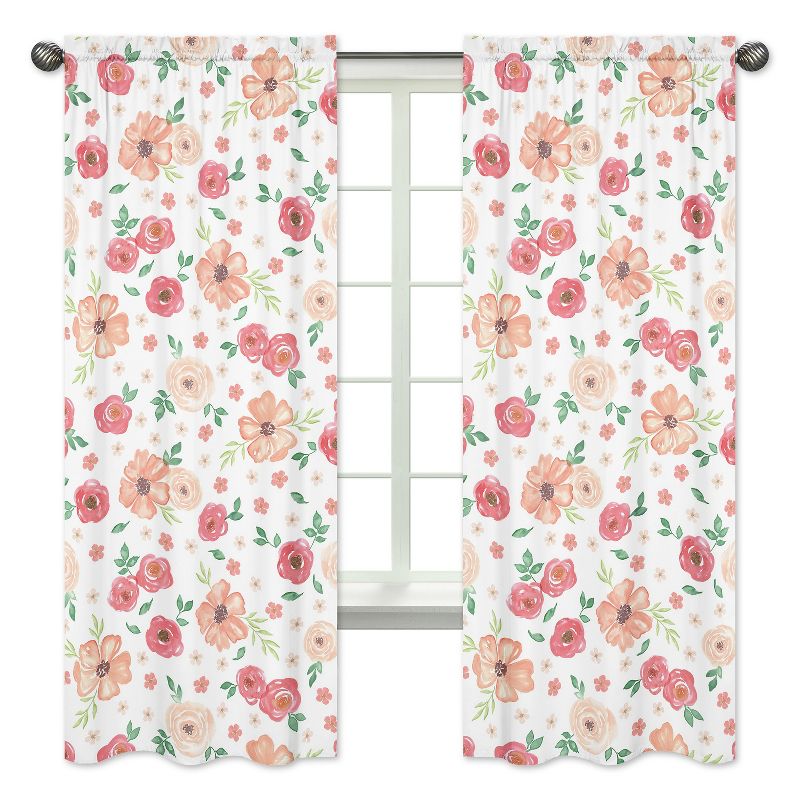 Sweet Jojo Designs Window Curtain Panels 84in. Watercolor Floral Peach and Green, 1 of 6