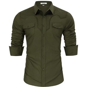 Men's Cowboy Shirt Western Floral Embroidered Casual Button Down Long Sleeve Shirts with Pockets - 1 of 4