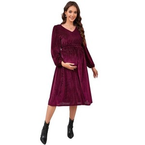 Womens Maternity High Waist V Neck Lantern Sleeve Casual Elegant Baby Shower Dress - 1 of 4