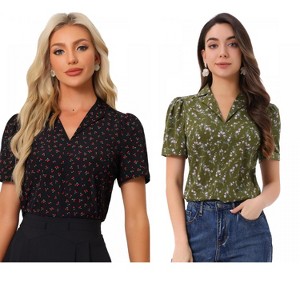 INSPIRE CHIC Women's Short Sleeve Casual V Neck Print Notch Lapel Collar Summer Blouses 2 Packs - 1 of 4