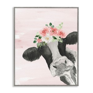 Stupell Industries Dairy Farm Cow Watercolor Portrait Pink Floral Crown Black Framed Giclee Art - 1 of 4