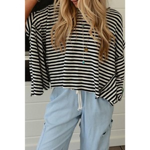 I AM A FASHION JUNKY Khaki Striped Batwing Sleeve Oversized Top Black Stripe L - 1 of 4