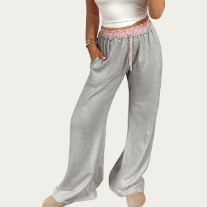 Anna-Kaci Women's Wide Leg Lounge Pants with Soft Stretch Fabric, Elastic Gingham Waistband and Adjustable Drawstring Fit - 1 of 4