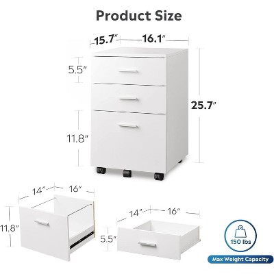 White 3-Drawer Mobile Wood Filing Cabinet with Casters