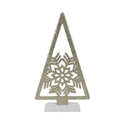 Transpac 21 Inch Gold Triangle Tree with Snowflake Decorative Object Wood Christmas Tabletop Sculpture White Indoor Decoration Gift Giving and Hostess
