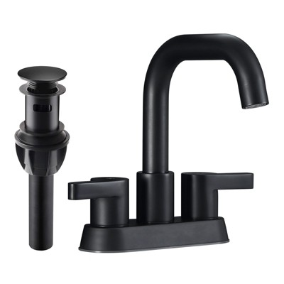 Munora 2 Handle 4 Inch Centerset Bathroom Sink Faucet with Pop Up Drain and Water Supply Lines, Matte Black