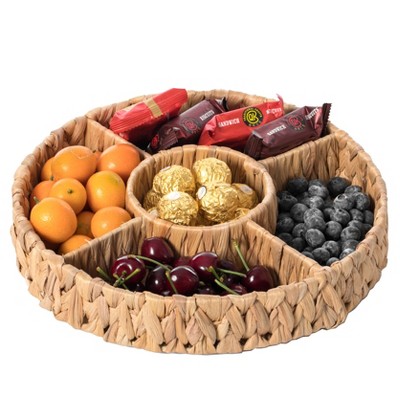 Vintiquewise Decorative Woven Water Hyacinth Round Severing Tray, 5 Compartment Organizer