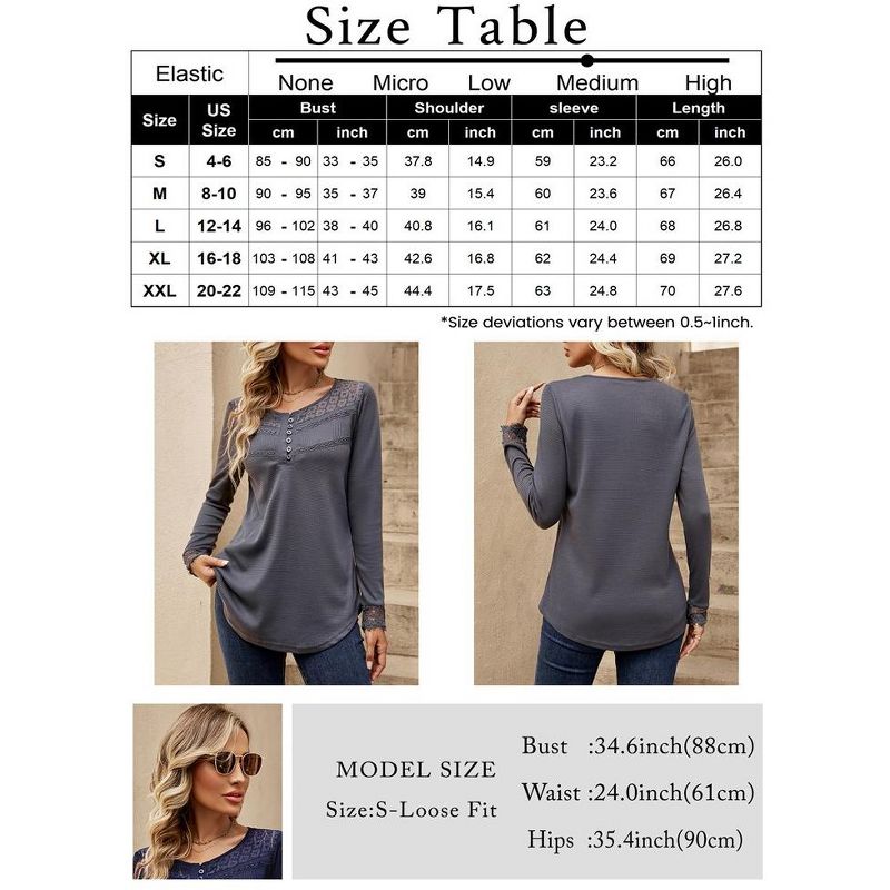 Women's Causal 3/4 Sleeve Tunic Tops V Neck Lace Crochet Blouse Pleated Peplum Flowy Shirts, 5 of 6