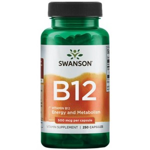 Swanson Vitamin B12 Cyanocobalamin Supplement, Supports Energy Production & Metabolic Health, 250 Capsules, 500 mcg. - 1 of 4