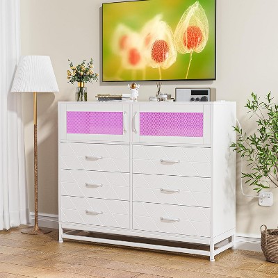6 Drawer Dresser TV Stand, Modern Bedroom Dresser with Power Outlet & LED Light