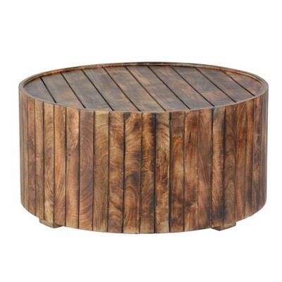 The Urban Port 34" Handmade Wooden Round Coffee Table with Plank Design Burned Brown