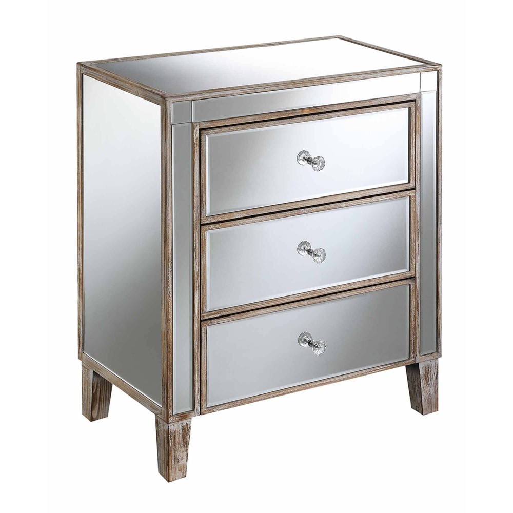 Photos - Coffee Table Gold Coast 3 Drawer Large Mirrored End Table Weathered White/Mirror - Brei