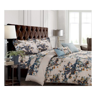 5pc Queen Casablanca 300tc Cotton Sateen Floral Printed Oversize Duvet  Cover Set Off White/Blue - Tribeca Living