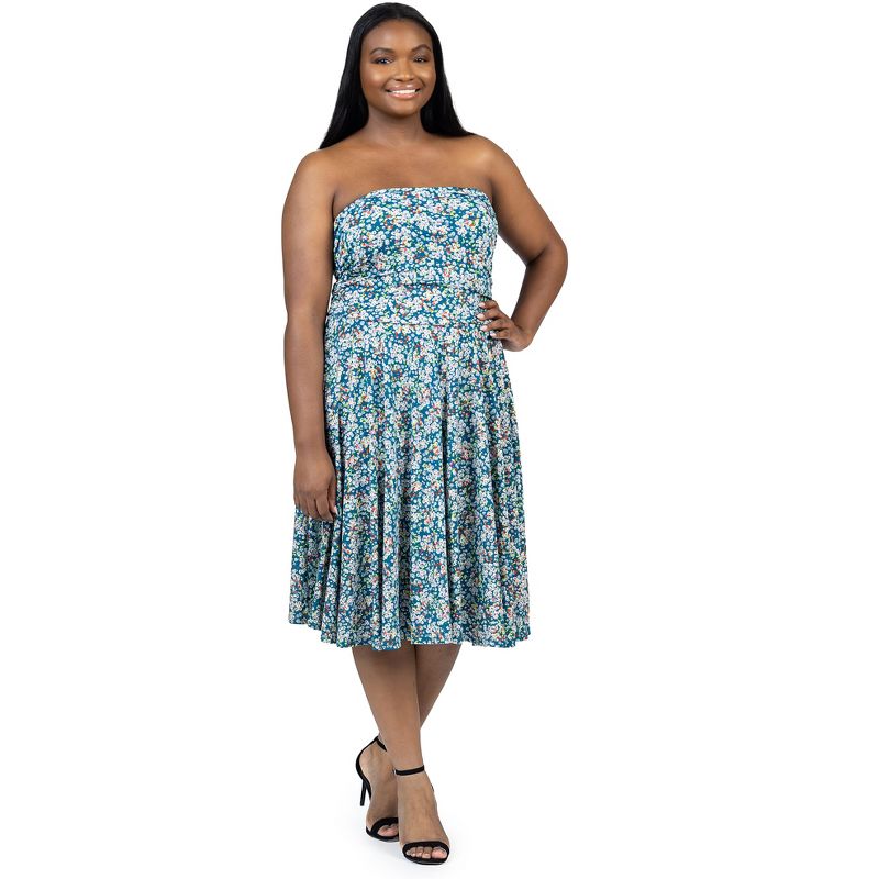 24seven Comfort Apparel Plus Size Teal Floral Strapless Tube Top Flowy Knee Length Dress, 4 of 7