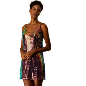 Allegra K Women's Glitter Sequin Spaghetti Strap V Neck Party Cocktail Sparkly Mini Dress - 1 of 4