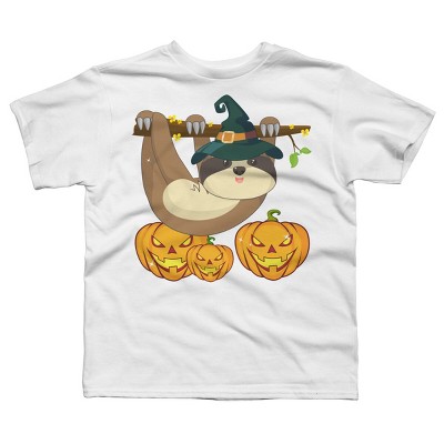 Boy's Design By Humans Funny Witch Sloth With Jack O Lantern Halloween T-Shirt By thebeardstudio T-Shirt