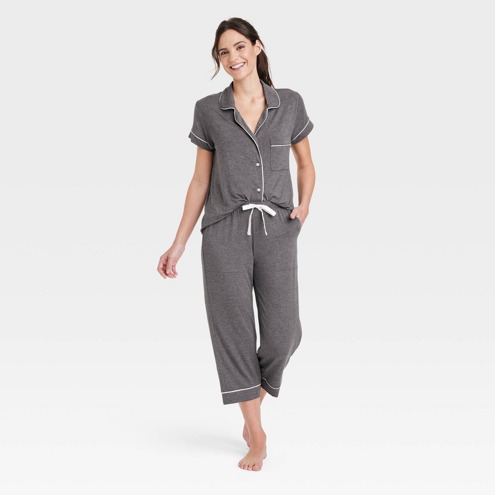 Women's Beautifully Soft Short Sleeve Notch Collar Top and Pants Pajama Set - Stars Above™ Heathered Gray L