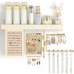 Hanging Jewelry Organizer Wall Mount with Rustic Wood Shelf, Ring Display Box, Rotating Necklace Holder Organizer - 1 of 4