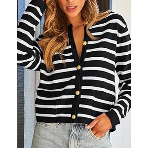 Women's Striped Button Cardigan Open Front Color Block Knit Sweater with Pockets - 1 of 3