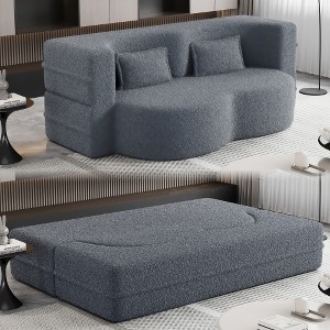 Modern Floor Sofa with 2 Pillows,Convertible Teddy Fabric Foam-Filled Sleeper Sofa Bed,15" Full Size Folding Mattress, Grey - 1 of 4