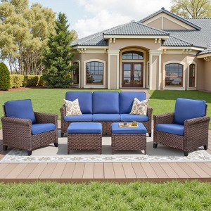 Buenhomino 5-Piece Outdoor Sofa Set with Chairs & Ottomans, PE Wicker Patio Furniture with Cushions & Powder-Coated Frame - 1 of 4
