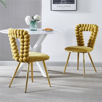 Set of 2 Dining Chair with Upholstery, Upholstered Modern Dining Chair with Gold Legs and Hairball Back Design-Maison Boucle