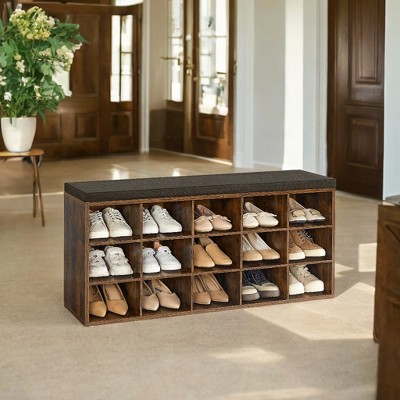 Shoe Rack Bench with Cushion, 41.3''W Entryway 15 Compartments Storage Bench