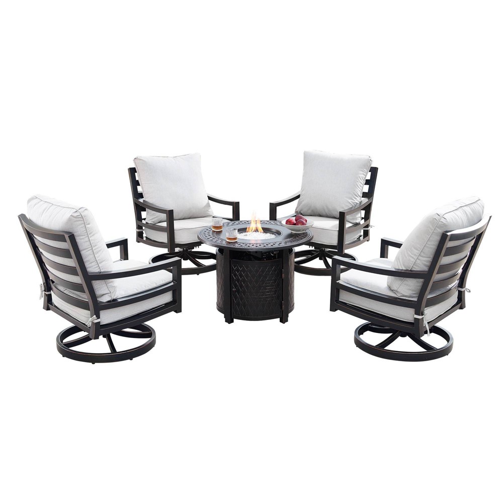 5pc Outdoor Dining Set with 34"" Aluminum Round Weave Design Fire Table, Deep Seating Swivel Rocking Chairs & Covers - Oakland Living -  85307875