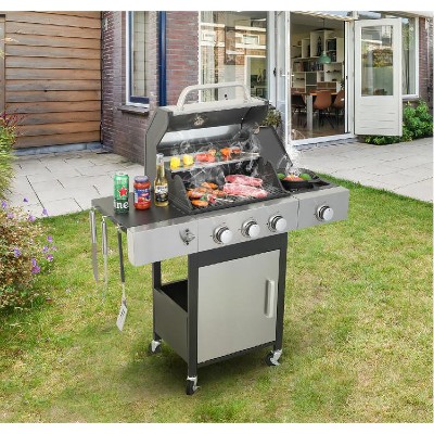 4-Burner Propane Gas BBQ Grill with Side Burner, 37230BTU Output With Enameled Cast Iron Cooking Grids For Outdoor Barbecue, Stainless Steel