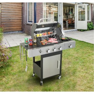 4-Burner Propane Gas BBQ Grill with Side Burner, 37230BTU Output With Enameled Cast Iron Cooking Grids For Outdoor Barbecue, Stainless Steel - 1 of 4