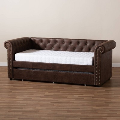 Mabelle Twin Brown Faux Leather Daybed with Trundle and Nailhead Trim