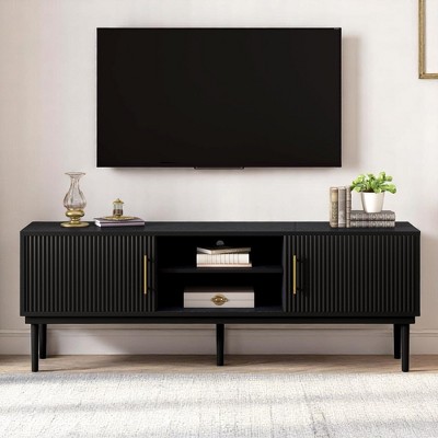 Stylish TV Stand with Vertical Striped Doors, Sliding Door Design,Space-Saving TV Console or Side Cabinet, Solid Wood Legs,Max TV Size 70-79"
