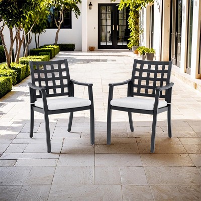 Modern Classic Outdoor Patio Dining Chairs Set of 2, with Cast Aluminum Lattice Backrest & Legs and Cushion for Garden-Tanpinhause