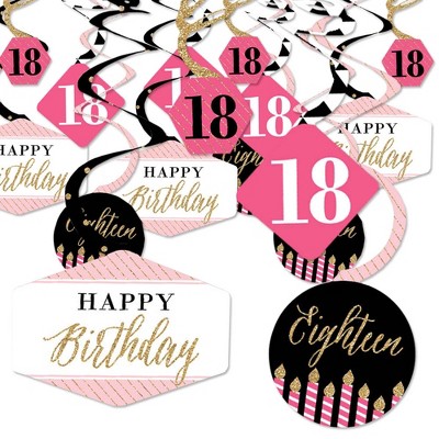 Big Dot of Happiness Chic 18th Birthday - Pink, Black and Gold - Birthday Party Hanging Decor - Party Decoration Swirls - Set of 40