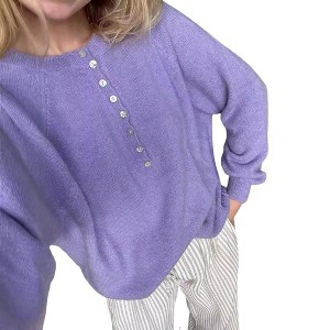 Coolmee Women's Sweaters Button Crew Neck Solid Casual Sweaters Fall Long Sleeve Henley Shirts Fashion Loose Knit Pullover Tops M Purple - 1 of 4