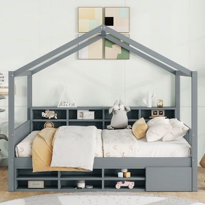 Full Size Wooden House Bed with Shelves and a Mini-cabinet, Gray - 1 of 4