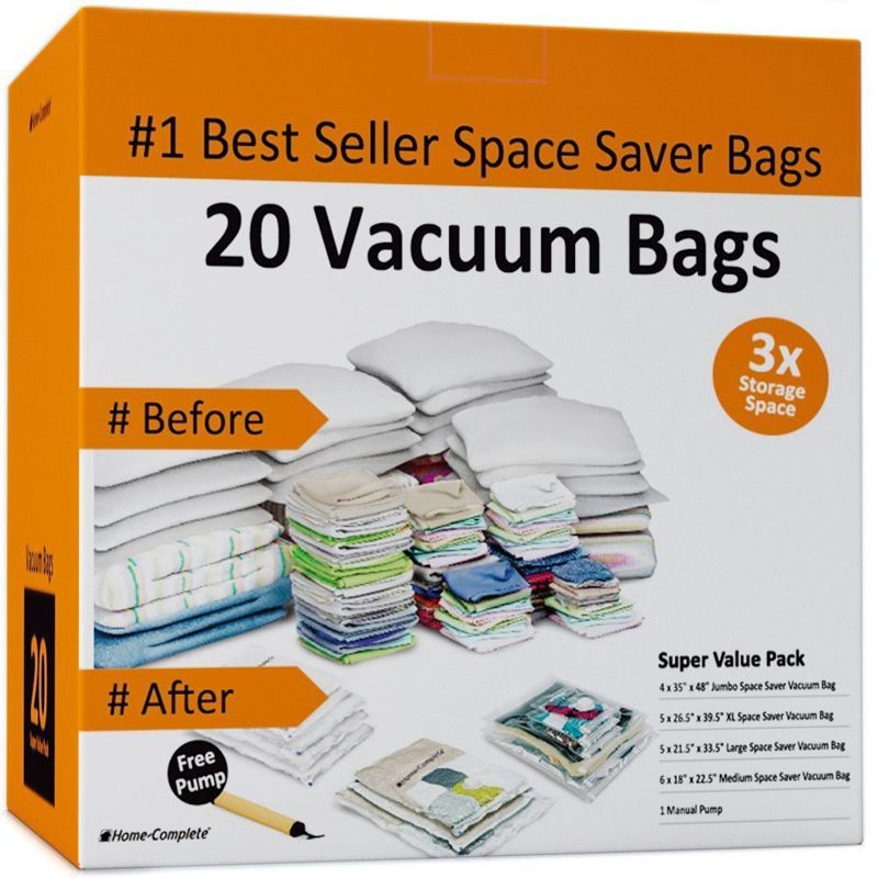 20 Vacuum Sealer Bags ? Compression Bags for Travel Clothes and Blanket Storage ? Airtight Space Saver Bags in 4 Sizes and Pump by Home-Complete, 1 of 7