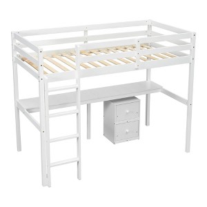 VASIP White Twin Loft Wood Bed with Under-bed Storage, Built-in Desk, 2-Drawer Cabinet, Safety Guardrails & Ladder - 1 of 4