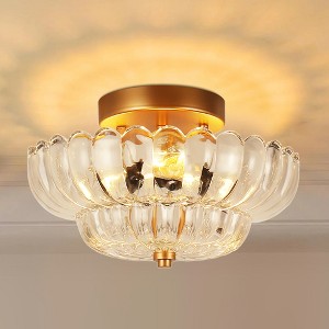 DORESshop 12 in. 3-Light Gold Semi Flush Ceiling Light with Warm Amber Glass for Bedroom, Hallway, Living Room - 1 of 4