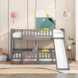 RISOKEYS Full Over Full Low Bunk Bed - Slide Included, Safety Fence & Ladder, Perfect for Toddlers Kids Teens - Grey - 1 of 4