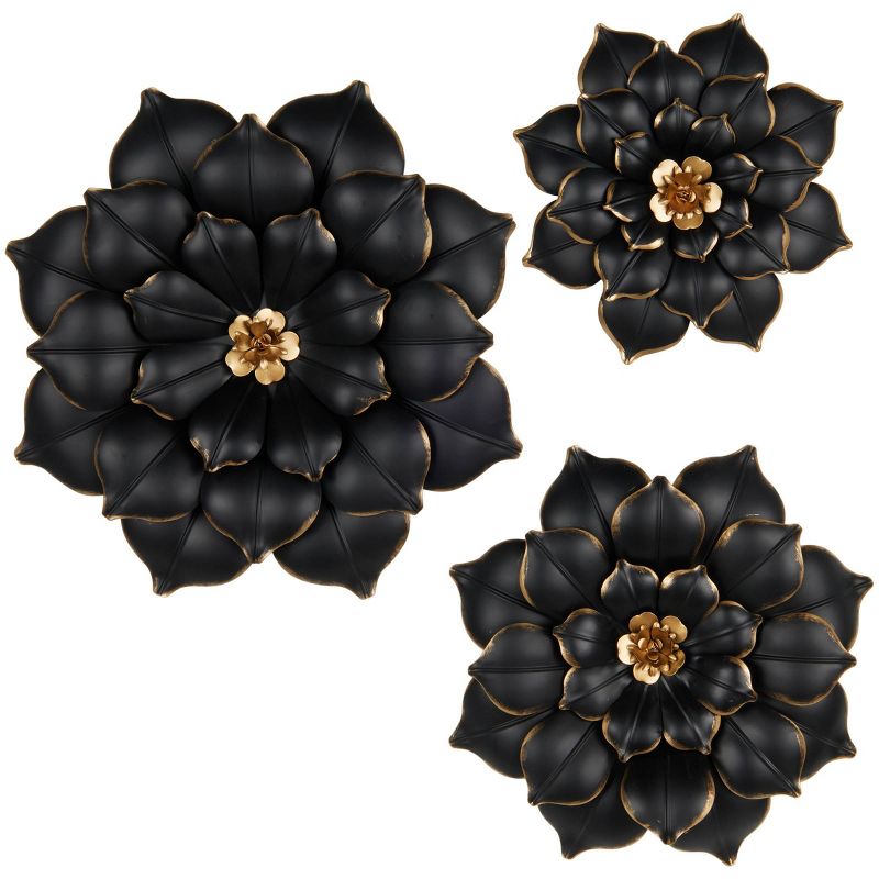 Olivia &#38; May Set of 3 Metal Floral 3D Wall Decors with Gold Center Black, 1 of 8