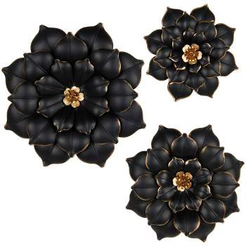 Olivia & May Set of 3 Metal Floral 3D Wall Decors with Gold Center Black