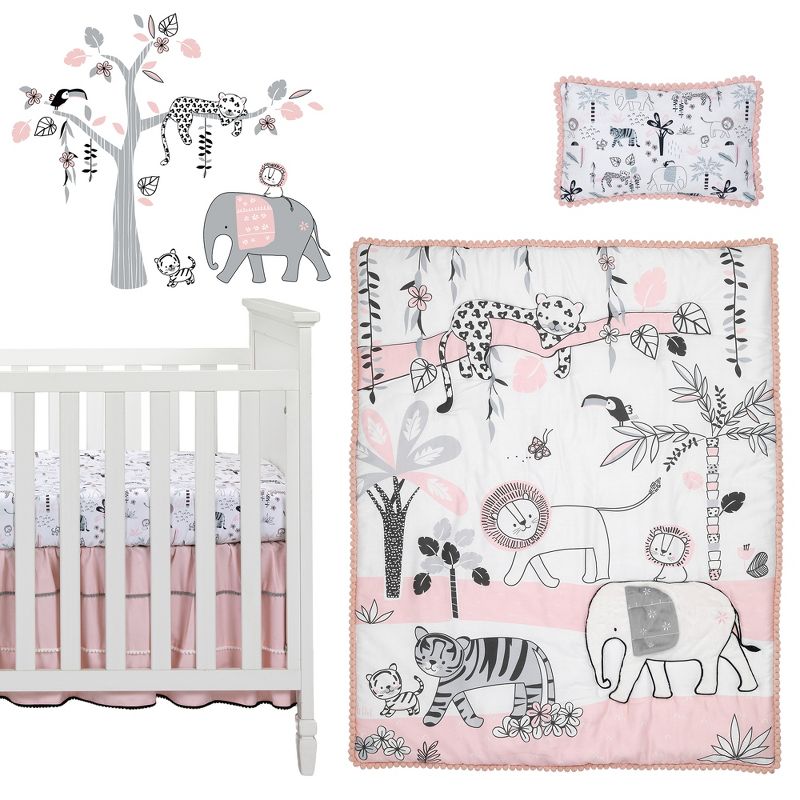 Lambs & Ivy Happy Jungle Pink/White Safari Nursery 5-Piece Crib Bedding Set, 1 of 11