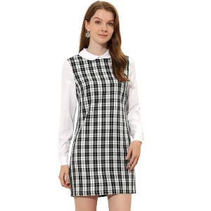 Allegra K Women's Contrast Peter Pan Collar Long Sleeve Above Knee Shift Plaid Dress - 1 of 4