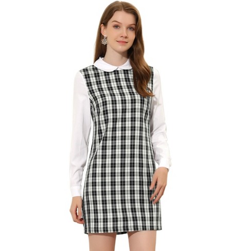 Allegra K Women's Contrast Peter Pan Collar Long Sleeve Above Knee Shift Plaid Dress - image 1 of 4