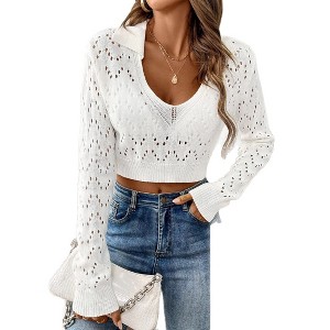 Women's Short Sleeve Sweater Polo Collar Cut Out Crop Sweater Knitwear Boho Casual Summer Fall Knit Top - 1 of 4
